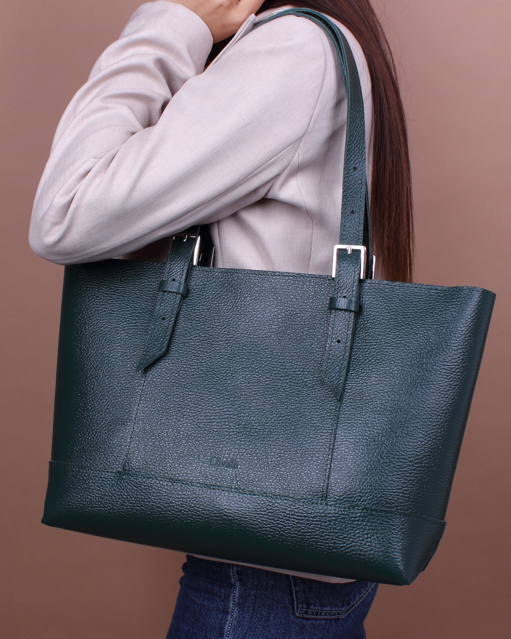 Женская сумка-шоппер из натуральной кожи зеленая A032 emerald grain