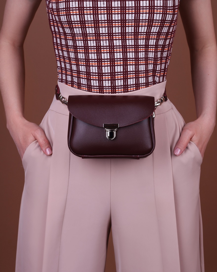 Женская поясная сумка из натуральной кожи бордовая A001 burgundy mini