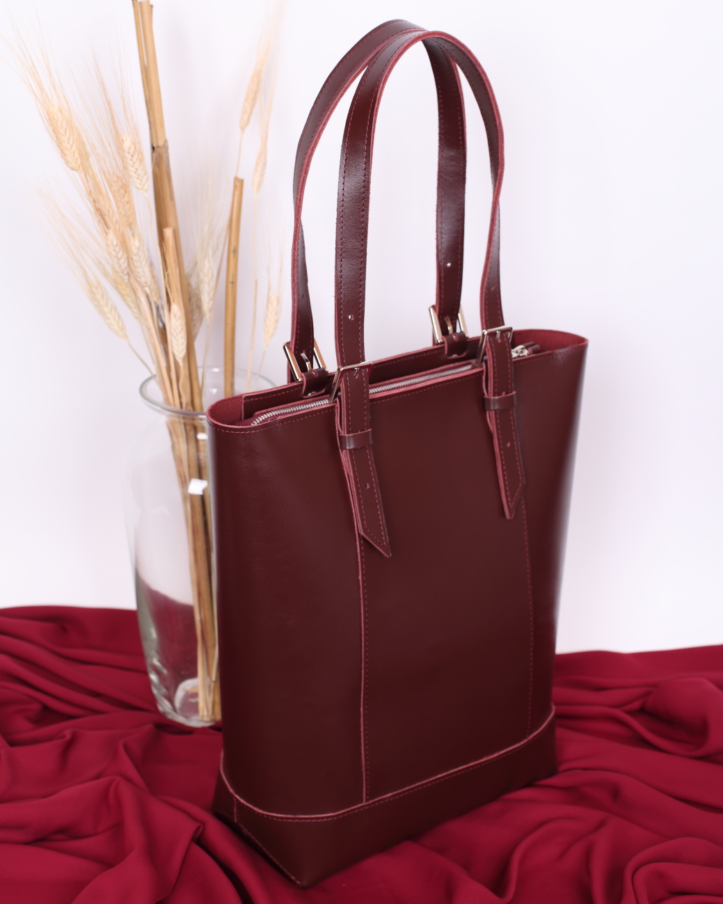 Женская сумка-шоппер из натуральной кожи бордовая A014 burgundy ZIPPER