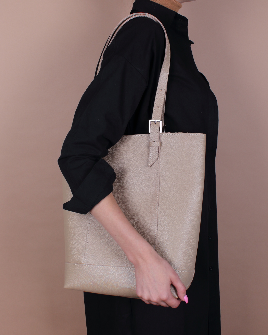 Женская сумка-шоппер из натуральной кожи бежевая A014 beige grain ZIPPER