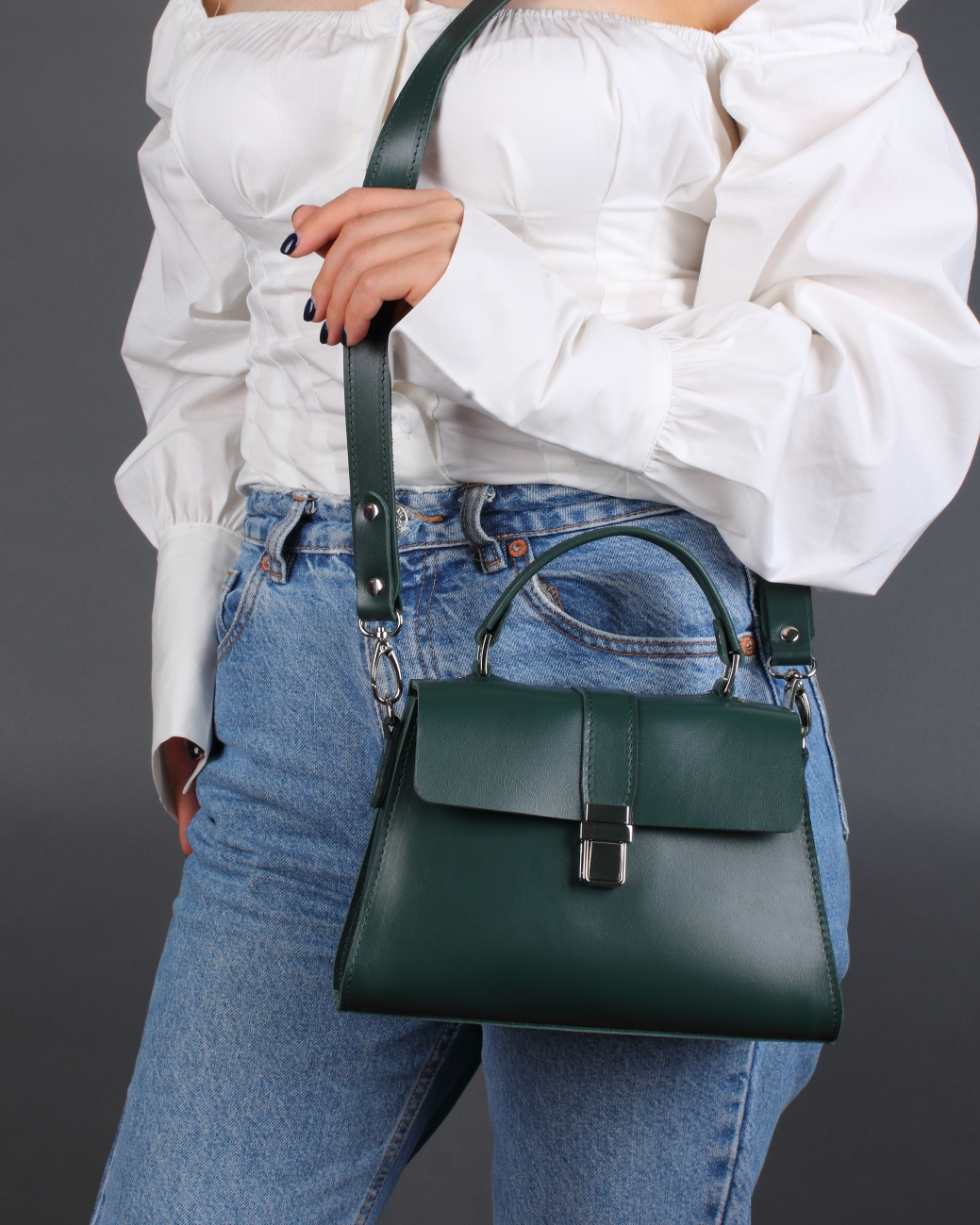 Женская сумка трапеция из натуральной кожи изумрудная A023 emerald mini