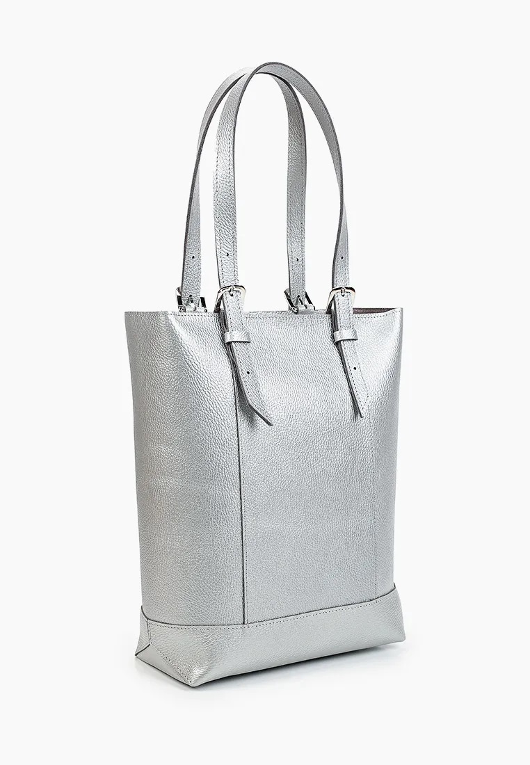 Женская сумка-шоппер из натуральной кожи серебристая A014 silver grain ZIPPER