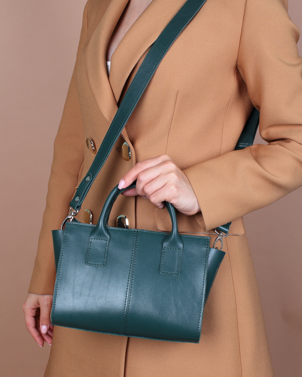 Женская сумка с ручками из натуральной кожи зеленая A027 emerald mini
