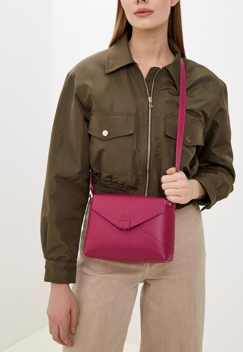 Женская кожаная сумка кросс-боди кожи розовая A003 fuchsia grain